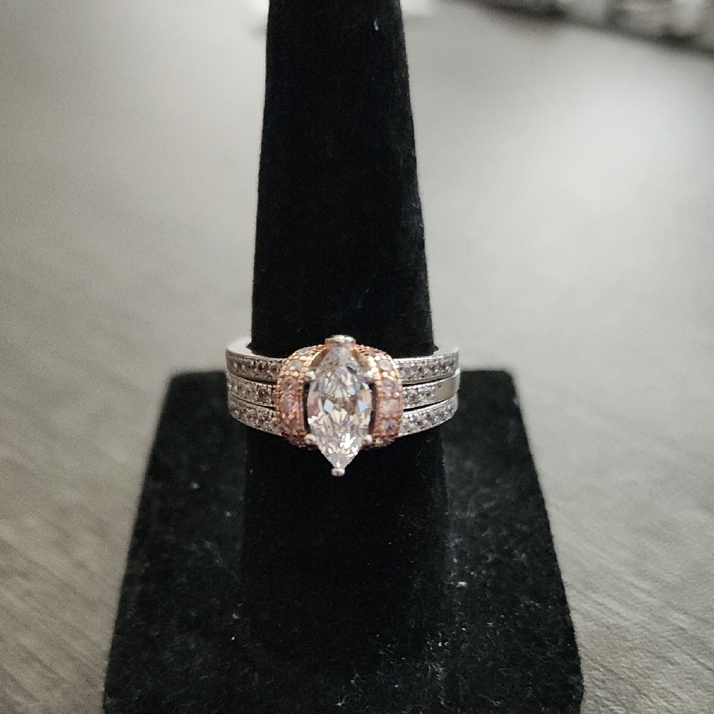 SS 925 Silver and Rose Gold Wedding Ring Set with Marquise Center Stone